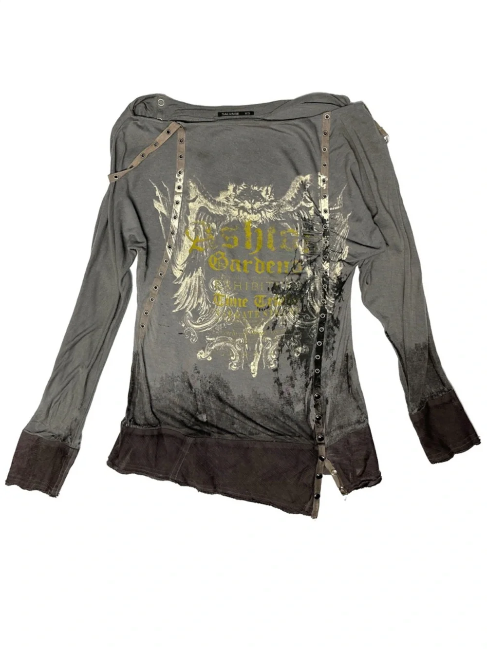 Salvage Y2K Grunge Gray Snap Button Rocker Punk Rivet Thrashed Thin Top XS - Picture 7 of 16